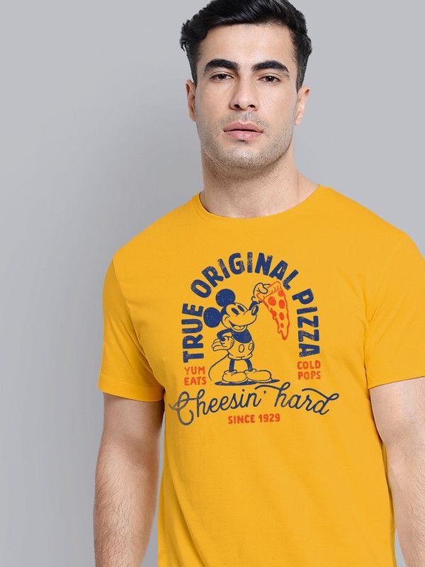 Mickey & Friends Men Graphic Print Round Neck Pure Cotton Yellow T-Shirt