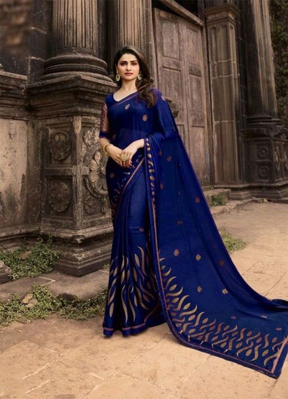 Woven, Solid Banarasi Silk Blend Saree  (Dark Blue)