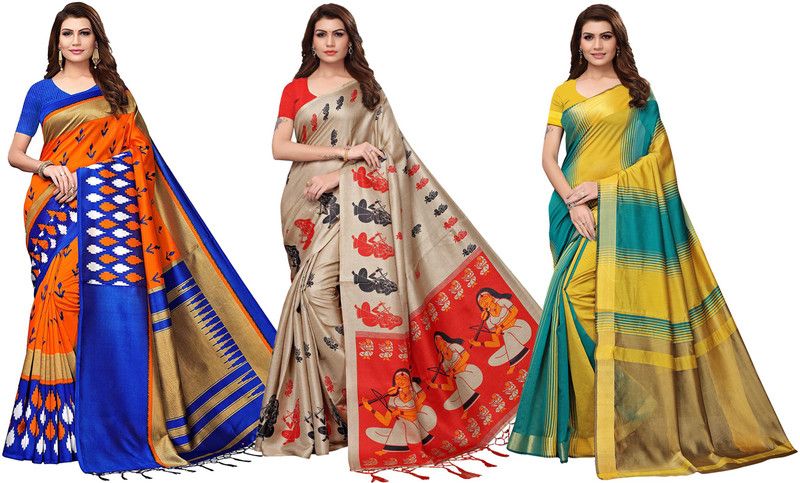 Printed, Color Block Bhagalpuri Silk Blend Saree  (Pack of 3, Orange, Beige, Yellow)