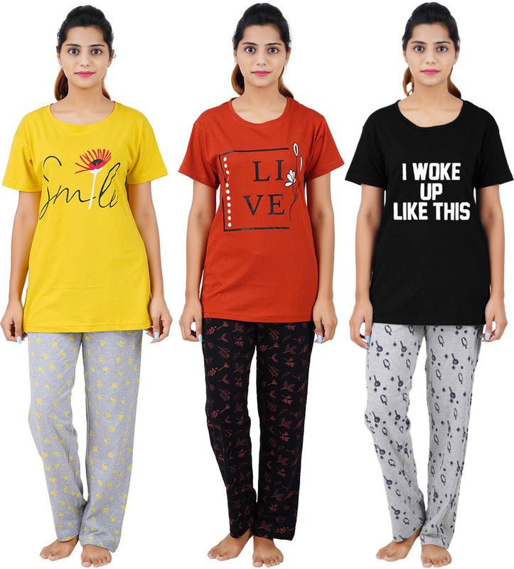 Women Top & Pyjama Set Yellow, Orange, Black Printed