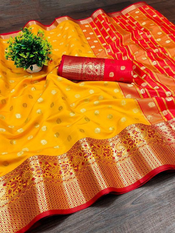 Self Design, Solid, Woven, Embroidered, Striped Banarasi Jacquard, Pure Cotton Saree  (Yellow)