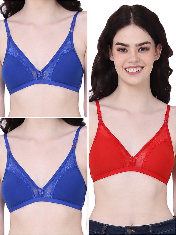 Pack of 3 Women Full Coverage Non Padded Bra  (Blue, Red)