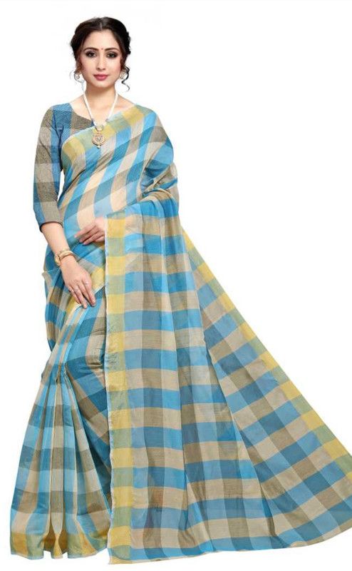Checkered Daily Wear Silk Blend Saree  (Light Blue)