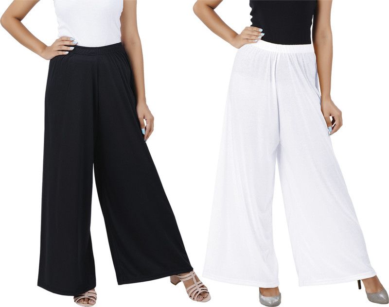 Pack of 2 Women Flared Black, White Cotton Blend Trousers