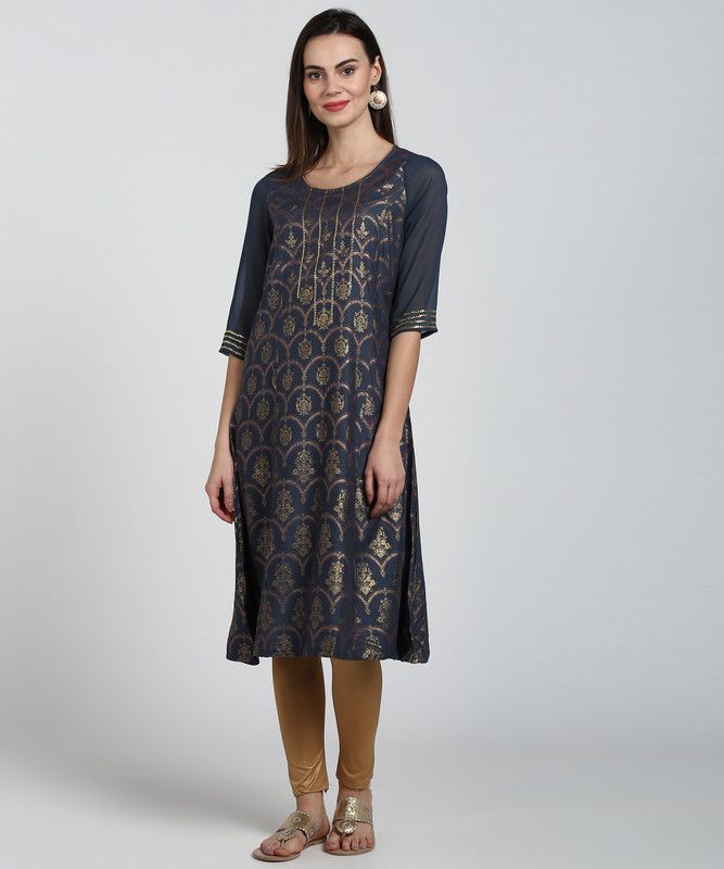 Women Printed, Embellished Viscose Rayon Straight Kurta  (Blue)