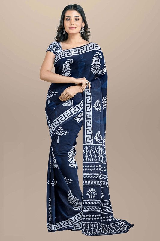 Sambalpuri Pure Cotton Saree  (Blue, White)