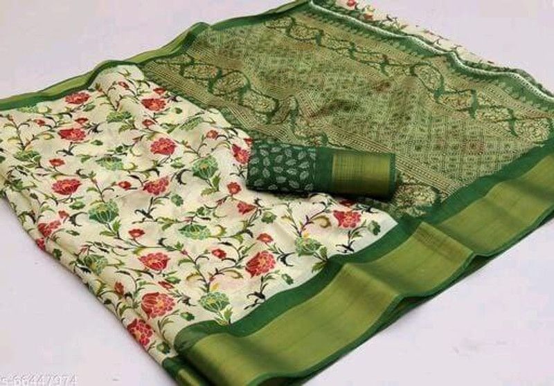 Floral Print Fashion Cotton Linen Saree  (Green)
