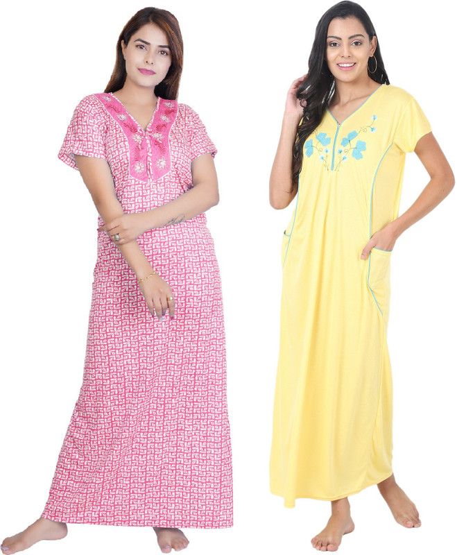 Pack of 2 Women Nighty Set  (Pink, Yellow, White)