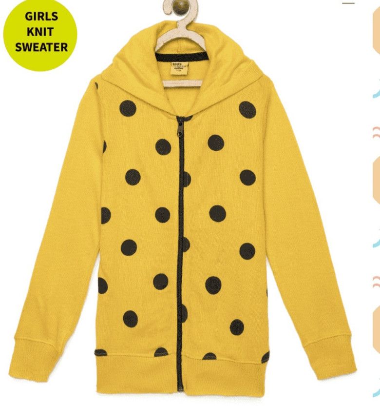 Girls Polka Print Hooded Neck Yellow Sweater