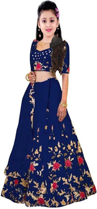 Girls Lehenga Choli Ethnic Wear Embroidered Ghagra, Choli, Dupatta Set  (Dark Blue, Pack of 1)