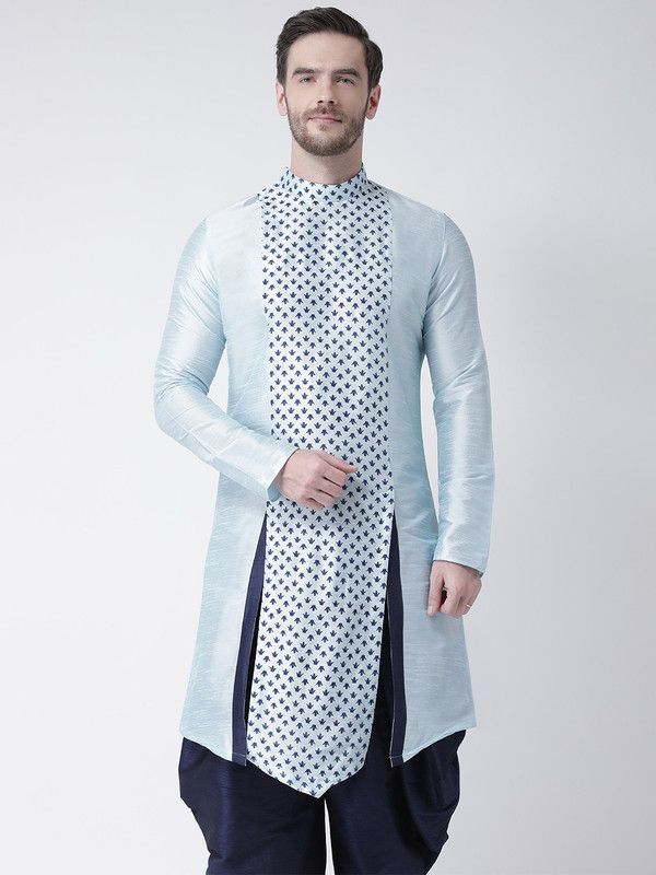 Men Printed Dupion Silk A-line Kurta  (Blue)