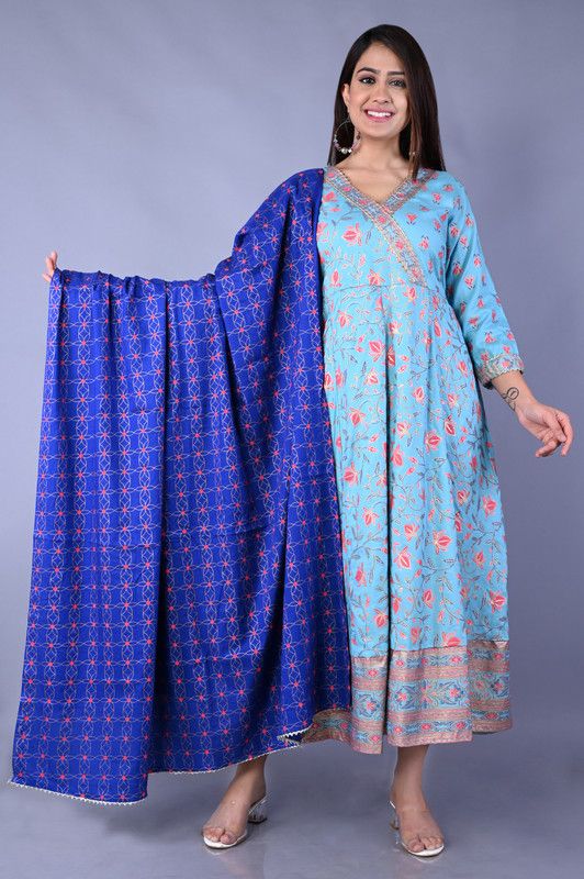 Women Printed Viscose Rayon Anarkali Kurta With Attached Dupatta  (Light Blue)