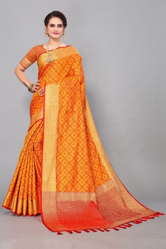 Self Design Banarasi Jute Silk Saree  (Yellow)