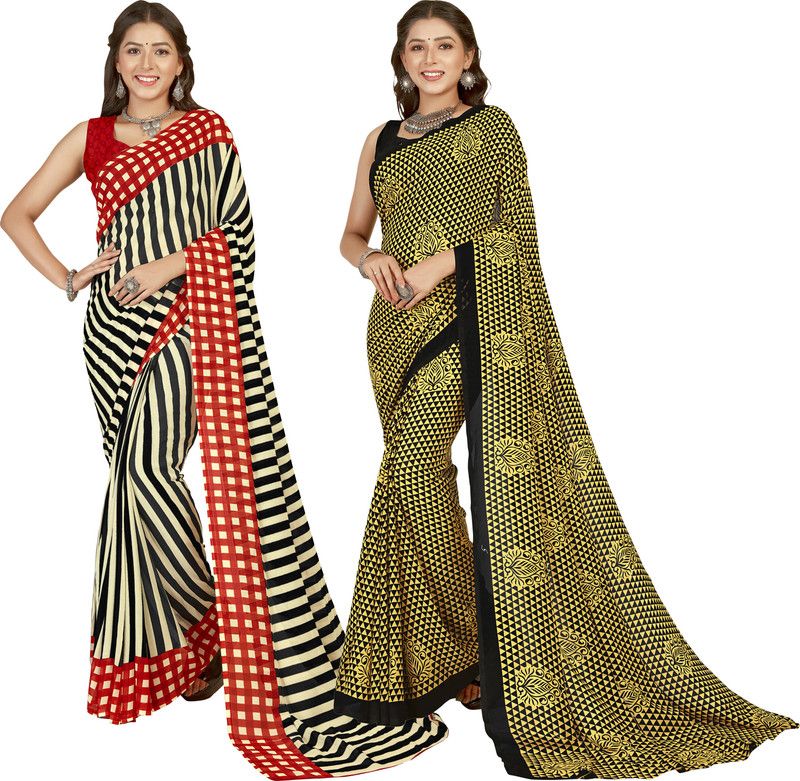 Paisley, Striped, Floral Print, Ombre, Printed Daily Wear Georgette Saree  (Pack of 2, Red, White, Black, Multicolor)