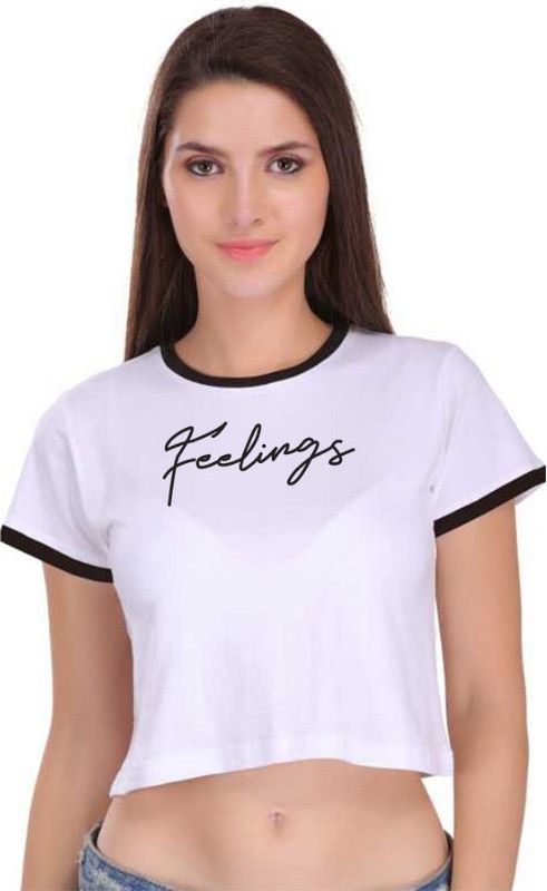 Feeling Ringer Crop Women Printed Round Neck Cotton Blend White T-Shirt