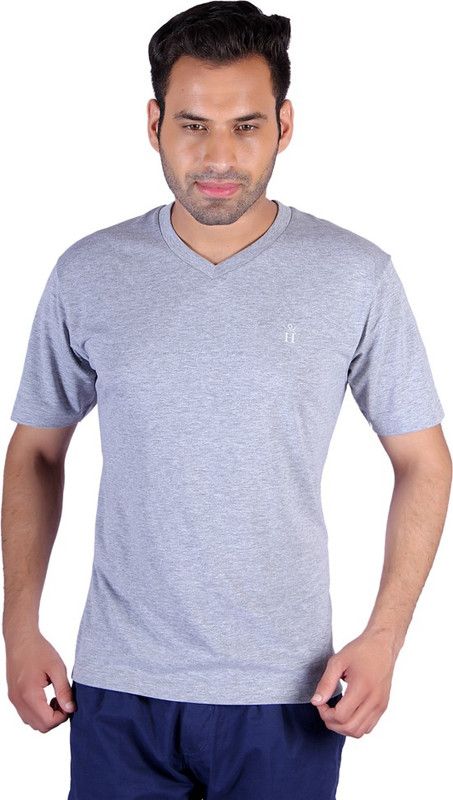 HU1002VNGMI Men Solid V Neck Grey T-Shirt