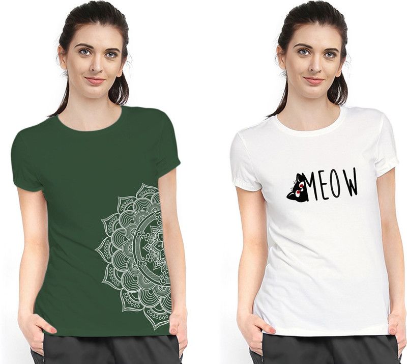 Pack of 2 Women Printed Round Neck Cotton Blend Green, White T-Shirt