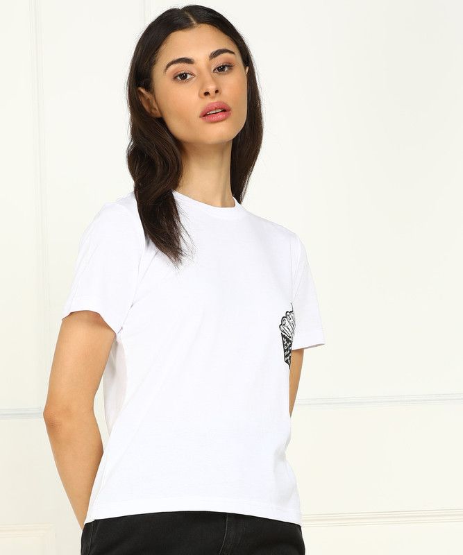 Women Solid Round Neck Cotton Blend White T-Shirt