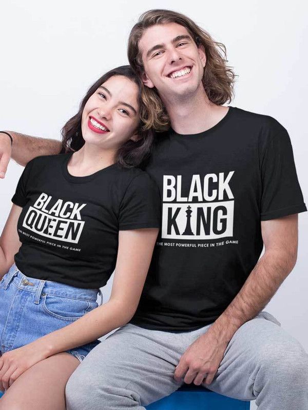 Pack of 2 Couple Typography Round Neck Cotton Blend Black T-Shirt