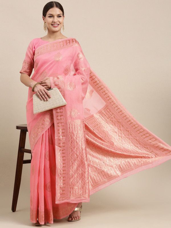 Woven Kanjivaram Cotton Linen Saree  (Pink)