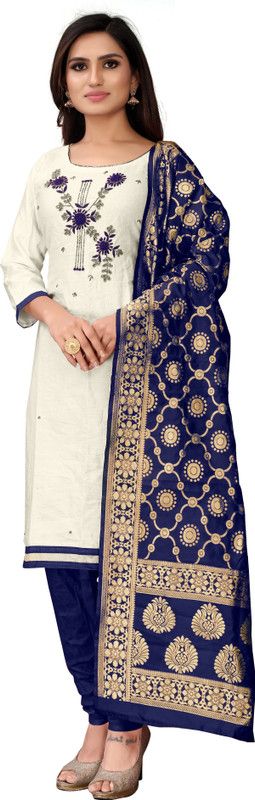 Unstitched Pure Cotton Kurta & Churidar Material Embellished