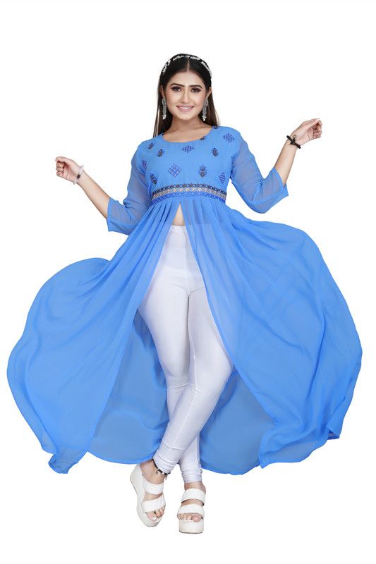 Women Embroidered Georgette Gown Kurta  (Light Blue, Black)