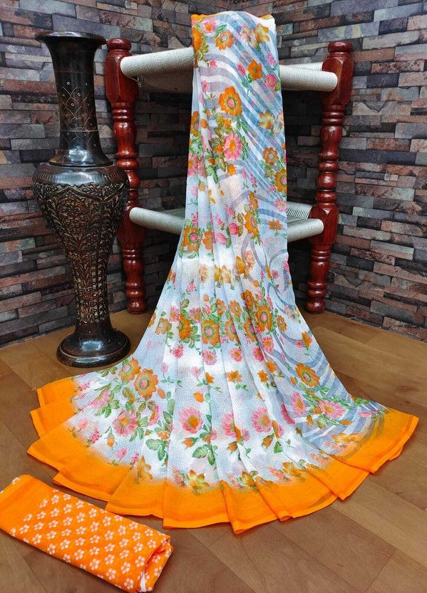Floral Print Daily Wear Chiffon Saree  (White, Orange)