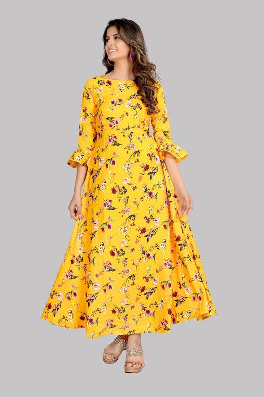 Crepe Stitched Anarkali Gown  (Yellow)