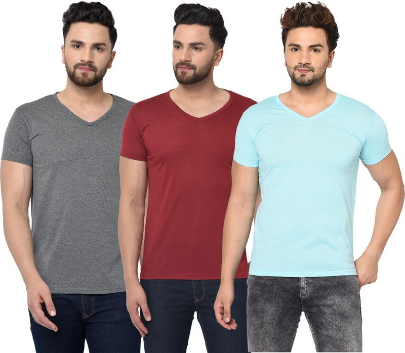 Pack of 3 Men Solid V Neck Cotton Blend Light Blue, Maroon, Grey T-Shirt