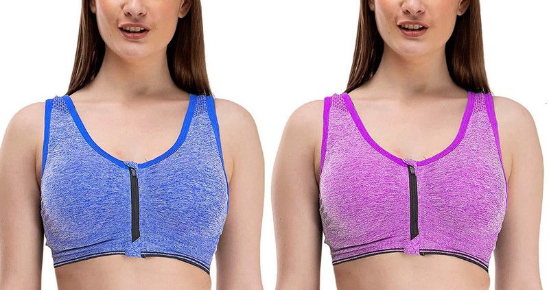 FRONT ZIPPER Women Sports Lightly Padded Bra  (Blue, Purple)