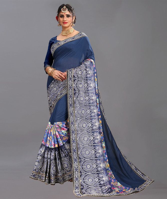 Printed Bollywood Silk Blend, Cotton Blend Saree  (Blue)