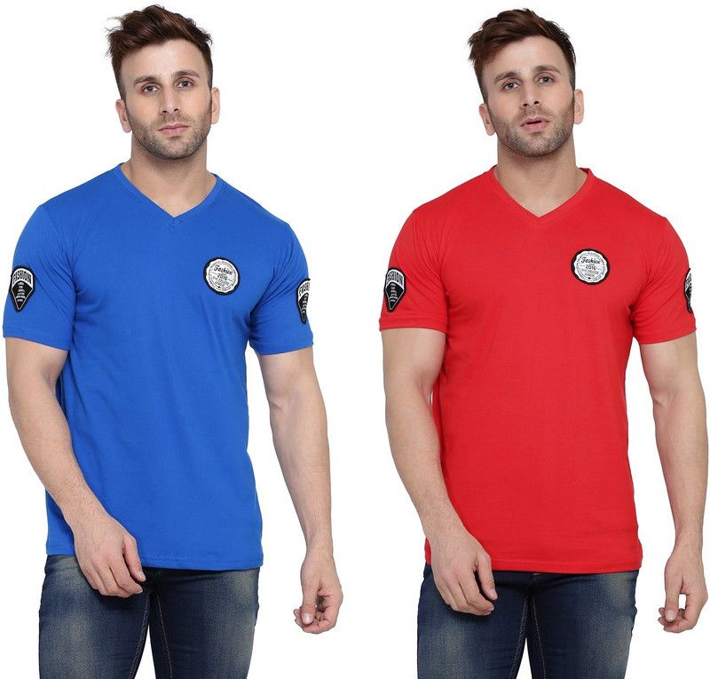 Pack of 2 Faizaan Men Solid V Neck Cotton Blend Red, Blue T-Shirt