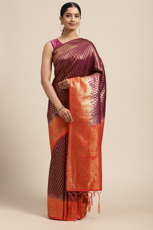 Woven Kanjivaram Jacquard Saree  (Purple, Red)