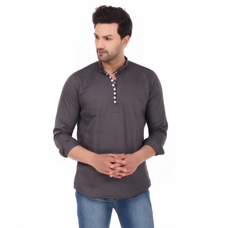 Men Washed Cotton Blend Straight Kurta  (Grey)