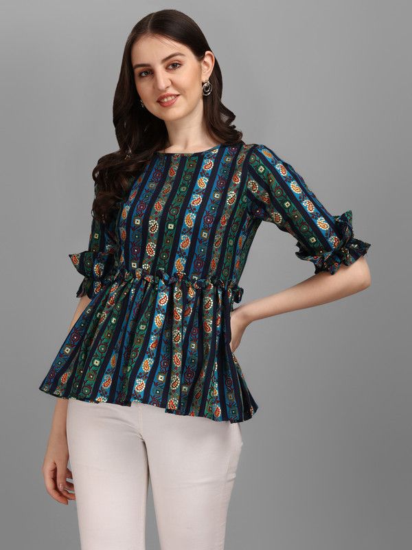 Casual Ruffled Sleeves Printed Women Multicolor Top