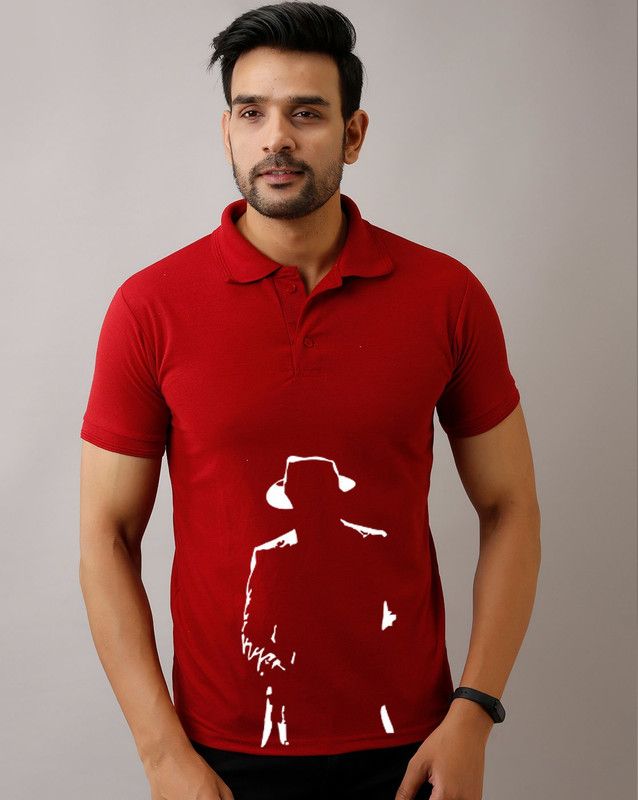 Men Printed Polo Neck Pure Cotton Maroon T-Shirt