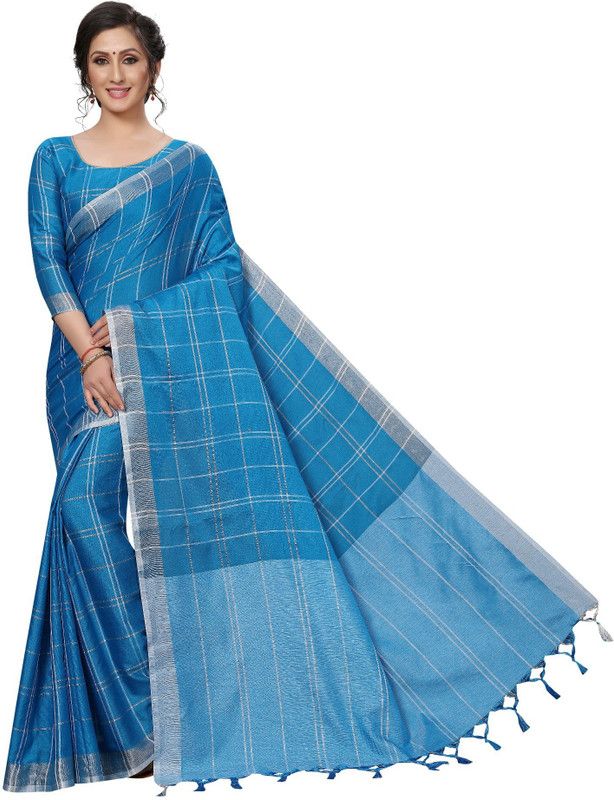 Checkered Chettinadu Cotton Silk Saree  (Blue)