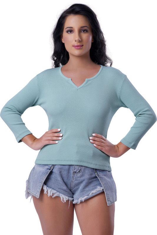 Trab Life Pista Rib Trendy Fashion Tshirt Women Solid V Neck Cotton Blend Green T-Shirt