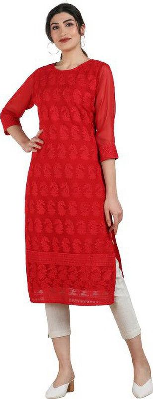 Women Printed Georgette Straight Kurta  (Red)