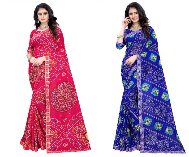 Bandhani Georgette Saree  (Pack of 2, Pink, Blue)