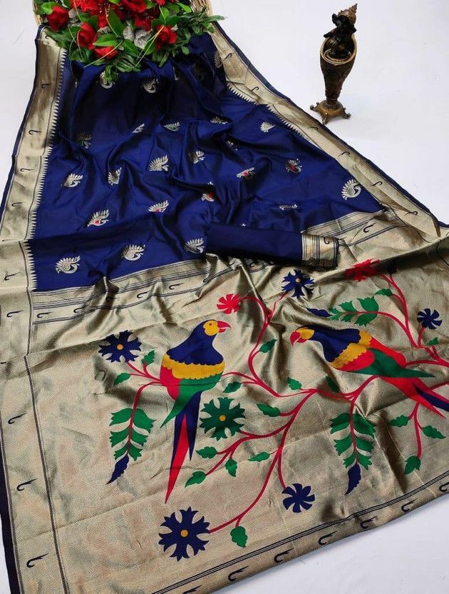 Woven Kanjivaram Pure Silk Saree  (Dark Blue, Gold)