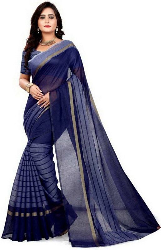 Striped Chanderi Cotton Blend Saree  (Dark Blue)