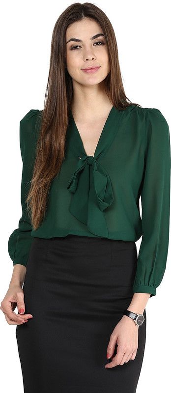 Formal Bishop Sleeve Solid Women Dark Green Top
