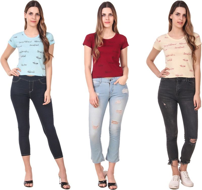 Pack of 3 Women Typography Round Neck Cotton Blend Light Blue, Maroon, Beige T-Shirt