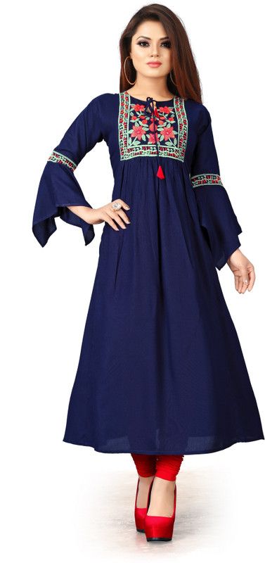 Women Embroidered Viscose Rayon Flared Kurta  (Dark Blue)