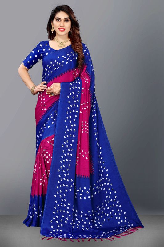 Printed Bandhani Silk Blend Saree  (Blue, Pink)