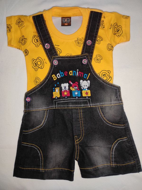 Dungaree For Baby Boys & Baby Girls Embroidered, Printed Denim Blend  (Multicolor, Pack of 1)