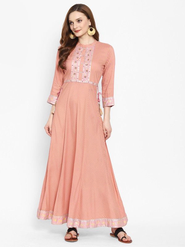 Women Embroidered Viscose Rayon Anarkali Kurta  (Orange, Yellow)