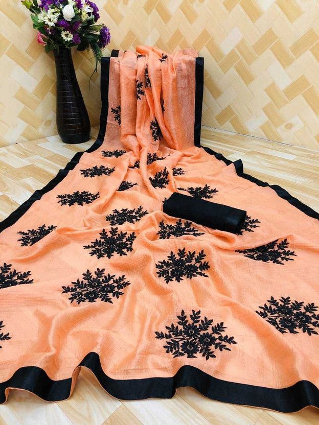 Embroidered Banarasi Chanderi Saree  (Orange)