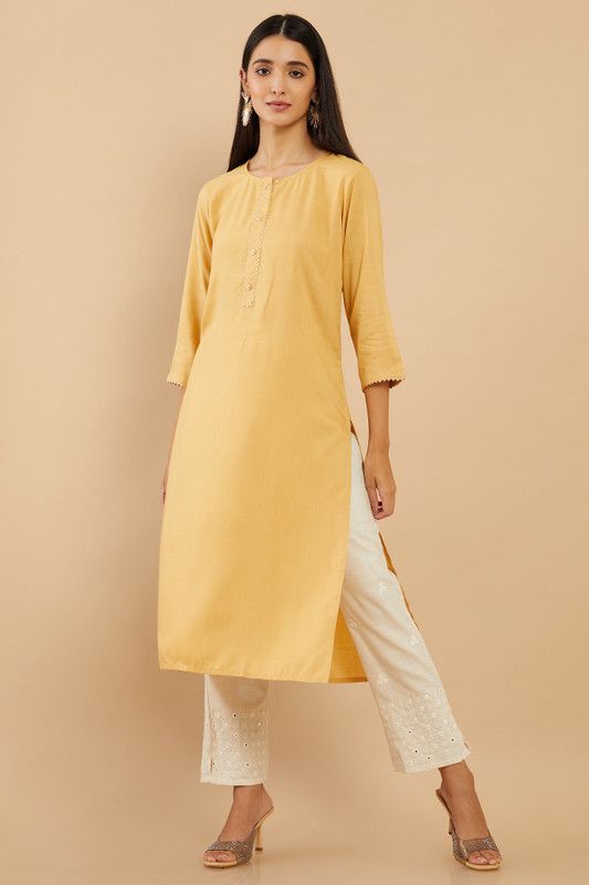 Women Solid Viscose Rayon Straight Kurta  (Beige)